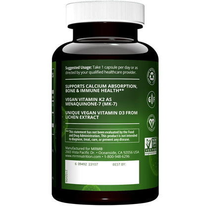 MRM Nutrition Veganes Vitamin D3 & K2 – Für Frauen & Männer – Pflanzliches D3 aus Flechten mit MK-7 Vitamin K2, Vegane Calcium-Absorptionsunterstützung für Knochen- & Immun-Gesundheit, Zertifiziert Nicht-GVO – 60 Portionen