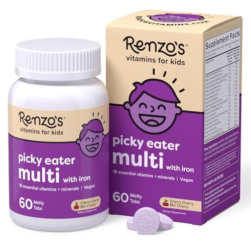 Renzo's Picky Eater Kinder Multivitamin mit Eisen - Auflösbare Kinder Vitamine mit Eisen, Zink, Vitamin C, D, E & K, Zuckerfrei, Kirschgeschmack, 60 Stück (1-2 Monatsvorrat)