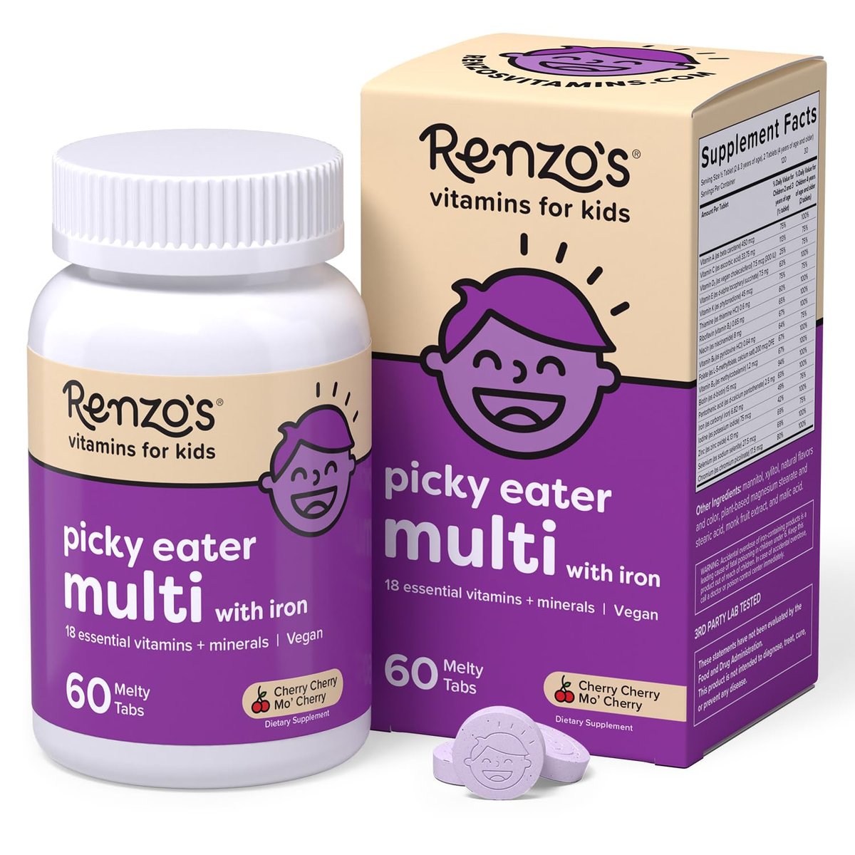 Renzo's Picky Eater Kinder Multivitamin mit Eisen - Auflösbare Kinder Vitamine mit Eisen, Zink, Vitamin C, D, E & K, Zuckerfrei, Kirschgeschmack, 60 Stück (1-2 Monatsvorrat)