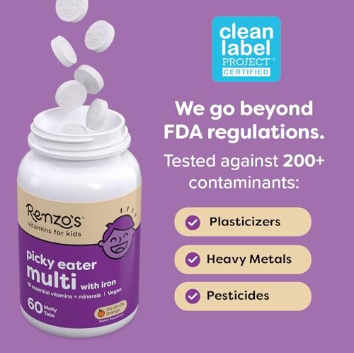 Renzo's Picky Eater Kinder Multivitamin mit Eisen - Auflösbare Kinder Vitamine mit Eisen, Zink, Vitamin C, D, E & K, Zuckerfrei, Kirschgeschmack, 60 Stück (1-2 Monatsvorrat)