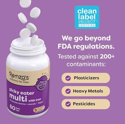 Renzo's Picky Eater Kinder Multivitamin mit Eisen - Auflösbare Kinder Vitamine mit Eisen, Zink, Vitamin C, D, E & K, Zuckerfrei, Kirschgeschmack, 60 Stück (1-2 Monatsvorrat)