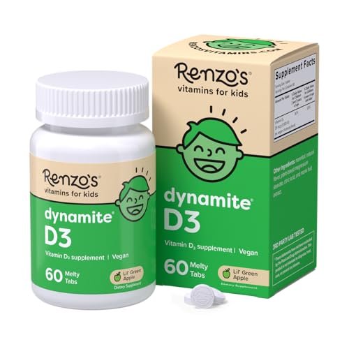 Renzo's Dynamit Vitamin D3, Auflösende Kinder Vitamin D3, 60 zuckerfreie Schmelztabletten, Geschmack nach grünem Apfel