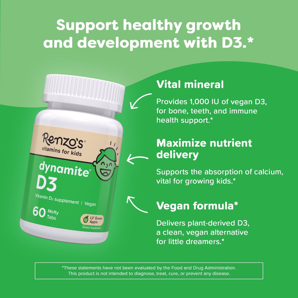 Renzo's Dynamit Vitamin D3, Auflösende Kinder Vitamin D3, 60 zuckerfreie Schmelztabletten, Geschmack nach grünem Apfel