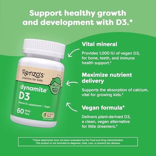 Renzo's Dynamit Vitamin D3, Auflösende Kinder Vitamin D3, 60 zuckerfreie Schmelztabletten, Geschmack nach grünem Apfel