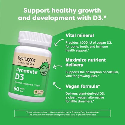 Renzo's Dynamit Vitamin D3, Auflösende Kinder Vitamin D3, 60 zuckerfreie Schmelztabletten, Geschmack nach grünem Apfel