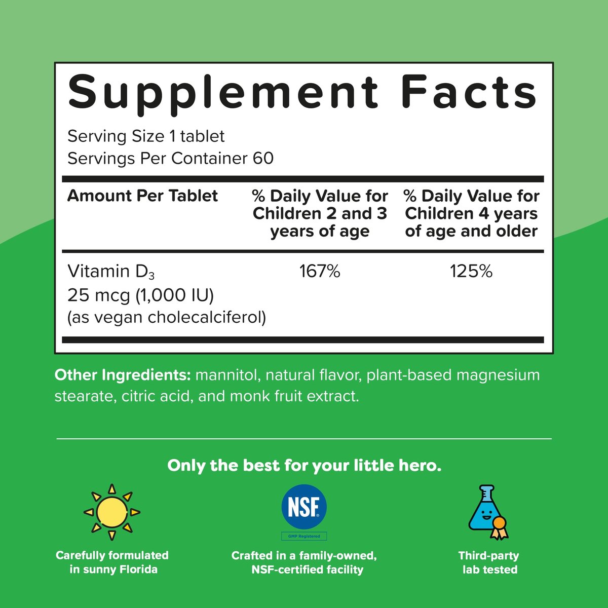 Renzo's Dynamit Vitamin D3, Auflösende Kinder Vitamin D3, 60 zuckerfreie Schmelztabletten, Geschmack nach grünem Apfel