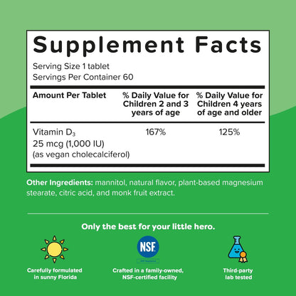 Renzo's Dynamit Vitamin D3, Auflösende Kinder Vitamin D3, 60 zuckerfreie Schmelztabletten, Geschmack nach grünem Apfel