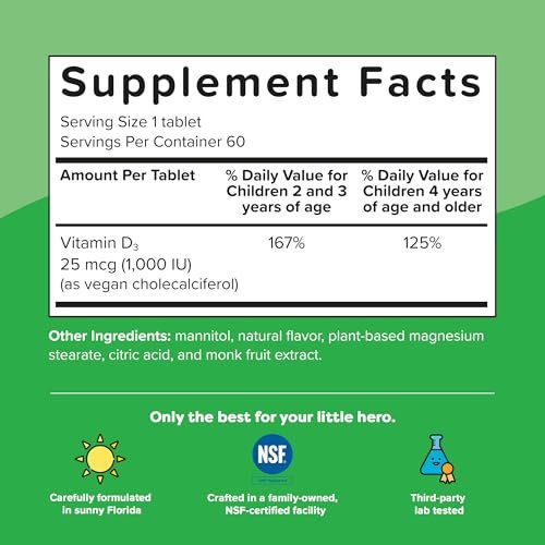Renzo's Dynamit Vitamin D3, Auflösende Kinder Vitamin D3, 60 zuckerfreie Schmelztabletten, Geschmack nach grünem Apfel