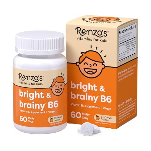 Renzo’s Bright & Brainy Vitamin B6 – Zuckerfreie Schmelztabletten für Kinder, 60 Stück, Orangen-Geschmack
