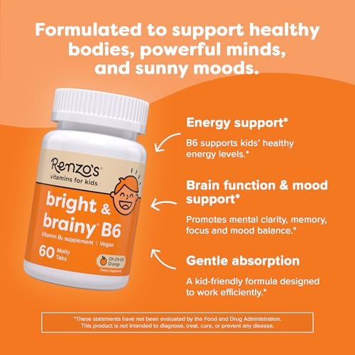 Renzo’s Bright & Brainy Vitamin B6 – Zuckerfreie Schmelztabletten für Kinder, 60 Stück, Orangen-Geschmack