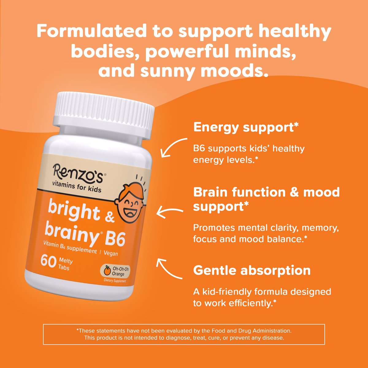 Renzo’s Bright & Brainy Vitamin B6 – Zuckerfreie Schmelztabletten für Kinder, 60 Stück, Orangen-Geschmack