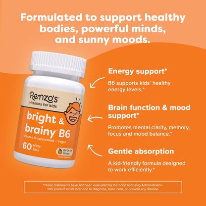 Renzo’s Bright & Brainy Vitamin B6 – Zuckerfreie Schmelztabletten für Kinder, 60 Stück, Orangen-Geschmack