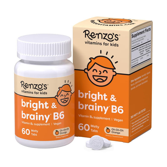 Renzo’s Bright & Brainy Vitamin B6 – Zuckerfreie Schmelztabletten für Kinder, 60 Stück, Orangen-Geschmack