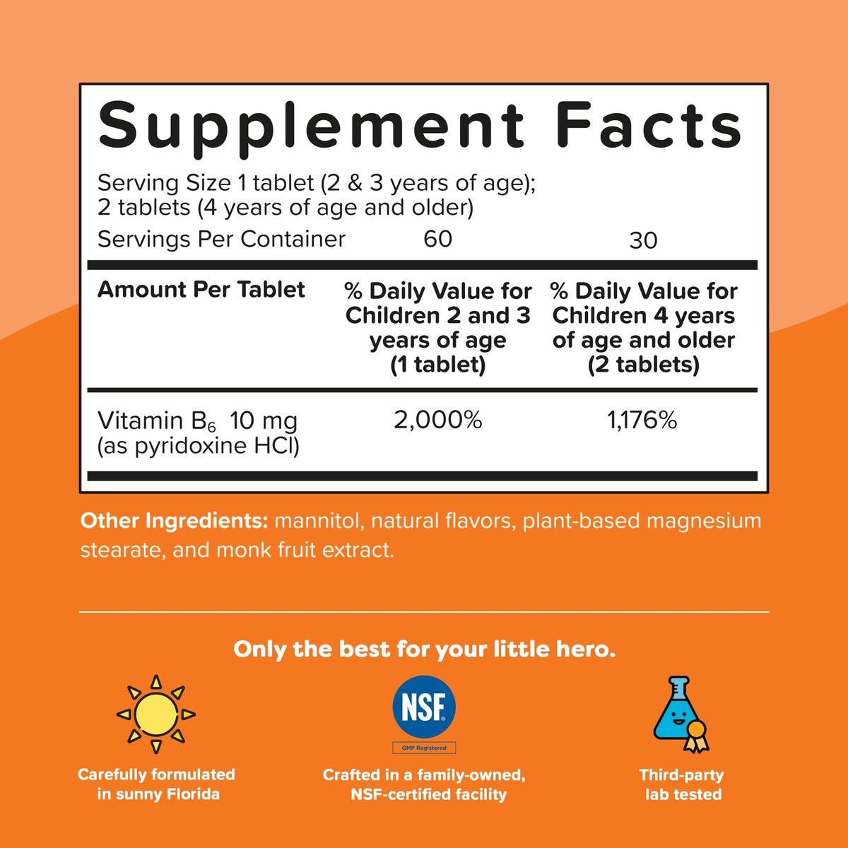 Renzo’s Bright & Brainy Vitamin B6 – Zuckerfreie Schmelztabletten für Kinder, 60 Stück, Orangen-Geschmack