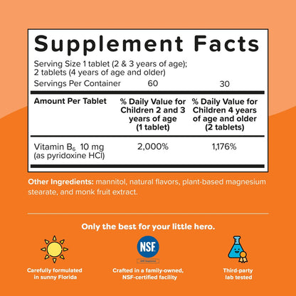Renzo’s Bright & Brainy Vitamin B6 – Zuckerfreie Schmelztabletten für Kinder, 60 Stück, Orangen-Geschmack