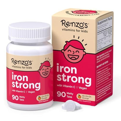 Renzo's Eisenpräparat für Kinder, lösliche vegane Eisen-Tabletten mit Vitamin C, zuckerfreie Melty Tabs, Orangengeschmack, 90 Stück