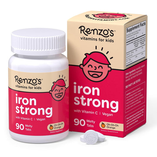 Renzo's Eisenpräparat für Kinder, lösliche vegane Eisen-Tabletten mit Vitamin C, zuckerfreie Melty Tabs, Orangengeschmack, 90 Stück