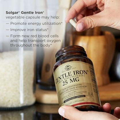 Solgar Gentle Iron 25mg, 90 Vegane Kapseln – Energie, normale rote Blutkörperchenbildung – Magenschonend – Nicht-GMO, vegan, glutenfrei, laktosefrei, koscher
