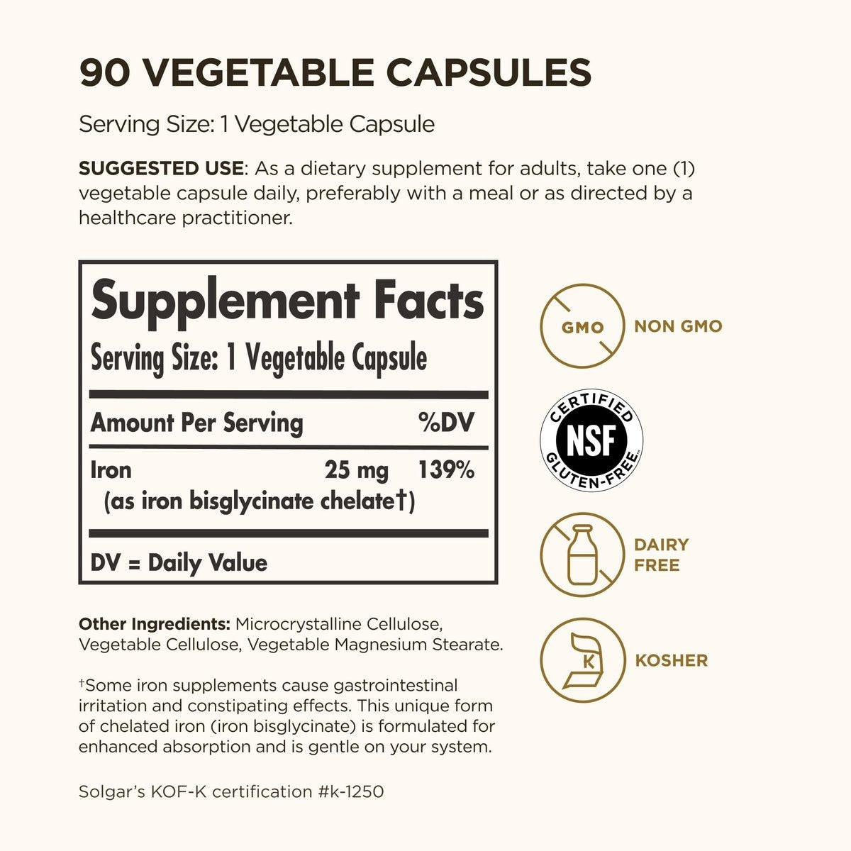 Solgar Gentle Iron 25mg, 90 Vegane Kapseln – Energie, normale rote Blutkörperchenbildung – Magenschonend – Nicht-GMO, vegan, glutenfrei, laktosefrei, koscher