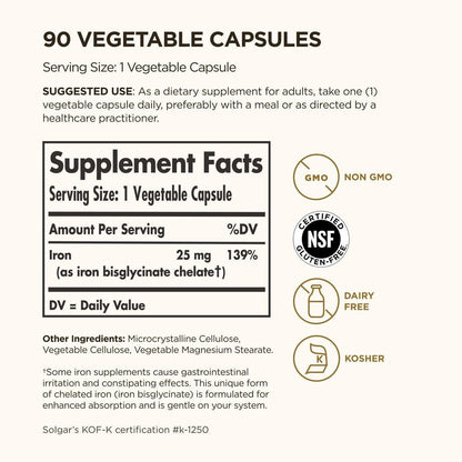 Solgar Gentle Iron 25mg, 90 Vegane Kapseln – Energie, normale rote Blutkörperchenbildung – Magenschonend – Nicht-GMO, vegan, glutenfrei, laktosefrei, koscher