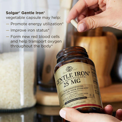 Solgar Gentle Iron 25mg, 90 Vegane Kapseln – Energie, normale rote Blutkörperchenbildung – Magenschonend – Nicht-GMO, vegan, glutenfrei, laktosefrei, koscher