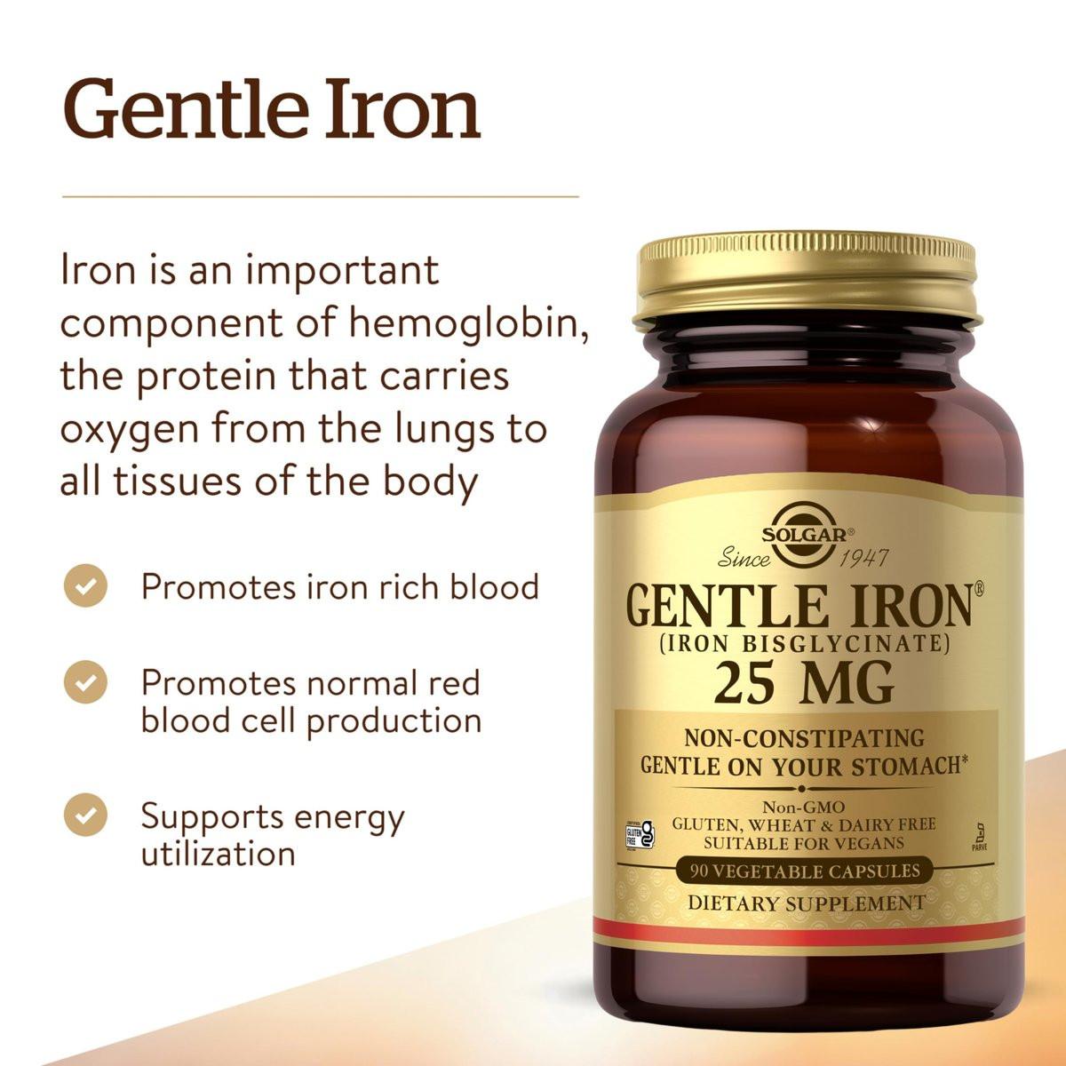 Solgar Gentle Iron 25mg, 90 Vegane Kapseln – Energie, normale rote Blutkörperchenbildung – Magenschonend – Nicht-GMO, vegan, glutenfrei, laktosefrei, koscher