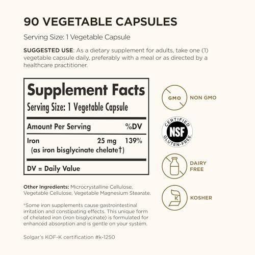 Solgar Gentle Iron 25mg, 90 Vegane Kapseln – Energie, normale rote Blutkörperchenbildung – Magenschonend – Nicht-GMO, vegan, glutenfrei, laktosefrei, koscher