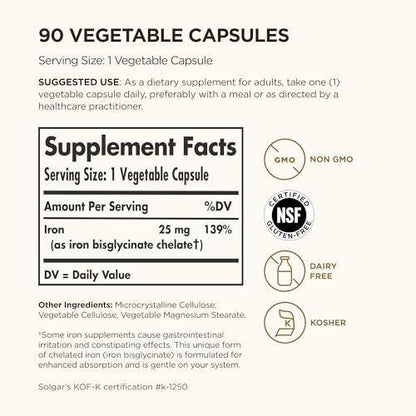 Solgar Gentle Iron 25mg, 90 Vegane Kapseln – Energie, normale rote Blutkörperchenbildung – Magenschonend – Nicht-GMO, vegan, glutenfrei, laktosefrei, koscher