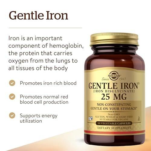 Solgar Gentle Iron 25mg, 90 Vegane Kapseln – Energie, normale rote Blutkörperchenbildung – Magenschonend – Nicht-GMO, vegan, glutenfrei, laktosefrei, koscher