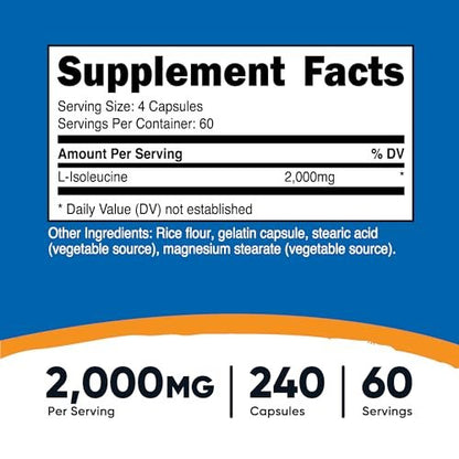 Nutricost L-Isoleucin 2000 mg pro Portion, 240 Kapseln (60 Portionen) – Premium Aminosäure für Ausdauer und Energie