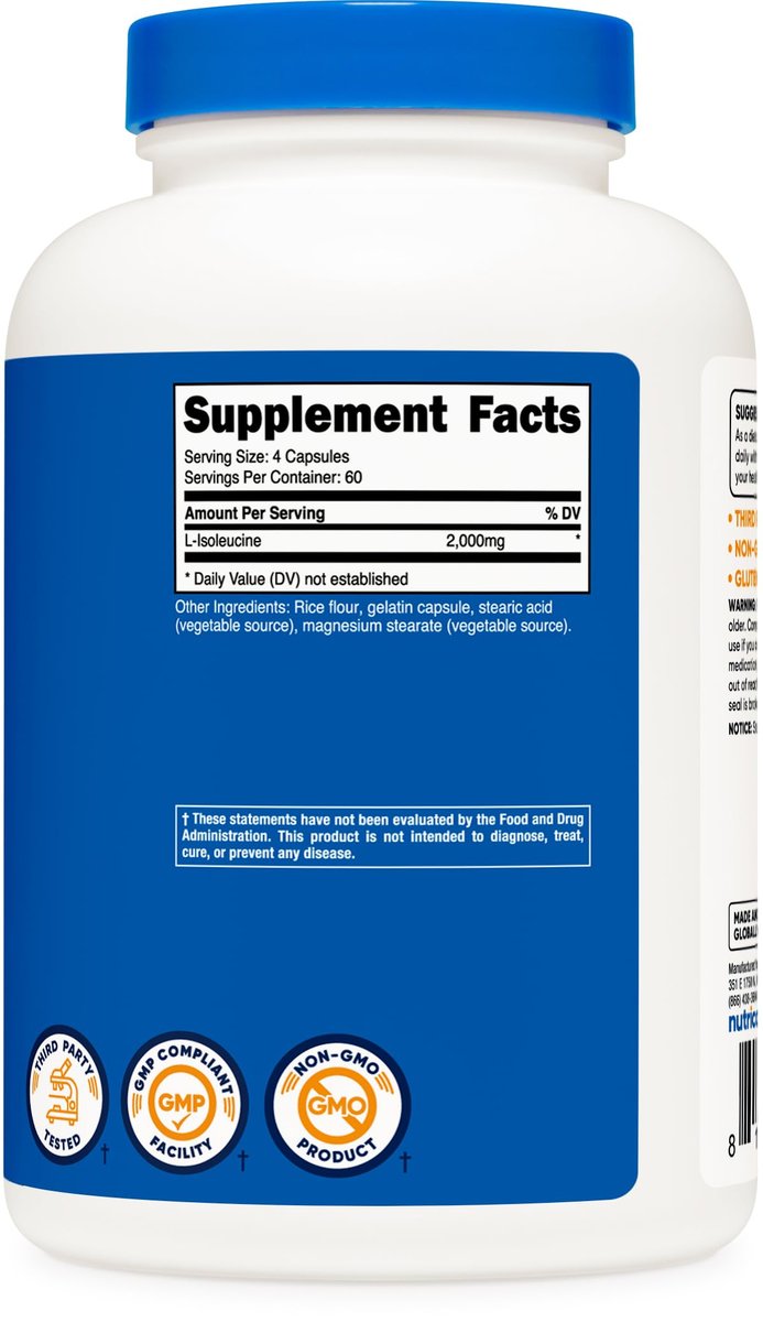 Nutricost L-Isoleucin 2000 mg pro Portion, 240 Kapseln (60 Portionen) – Premium Aminosäure für Ausdauer und Energie
