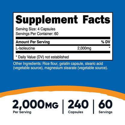 Nutricost L-Isoleucin 2000 mg pro Portion, 240 Kapseln (60 Portionen) – Premium Aminosäure für Ausdauer und Energie