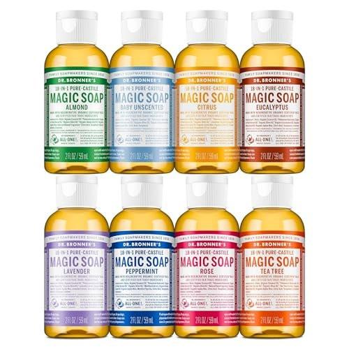 Dr. Bronner's Magic Soap Pure-Castile Flüssigseife (2 Unzen, Geschenkpaket mit 8 Sorten) – Regenerative Organic Certified, 18-in-1 Verwendung: Körper, Haare, Wäsche, Haustiere & Geschirr, Konzentriert, Vegan, Nicht-GMO