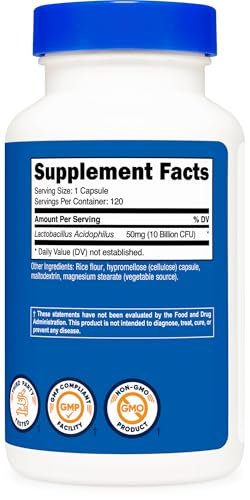 Nutricost Lactobacillus Acidophilus 10 Milliarden KBE, 120 vegane Kapseln – Hochwirksames Probiotikum für die Darmgesundheit