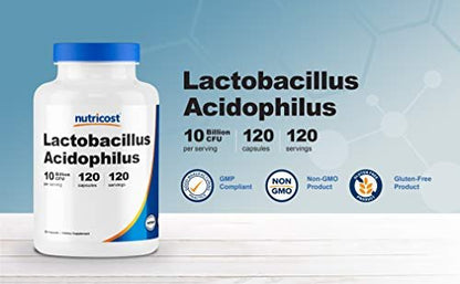 Nutricost Lactobacillus Acidophilus 10 Milliarden KBE, 120 vegane Kapseln – Hochwirksames Probiotikum für die Darmgesundheit