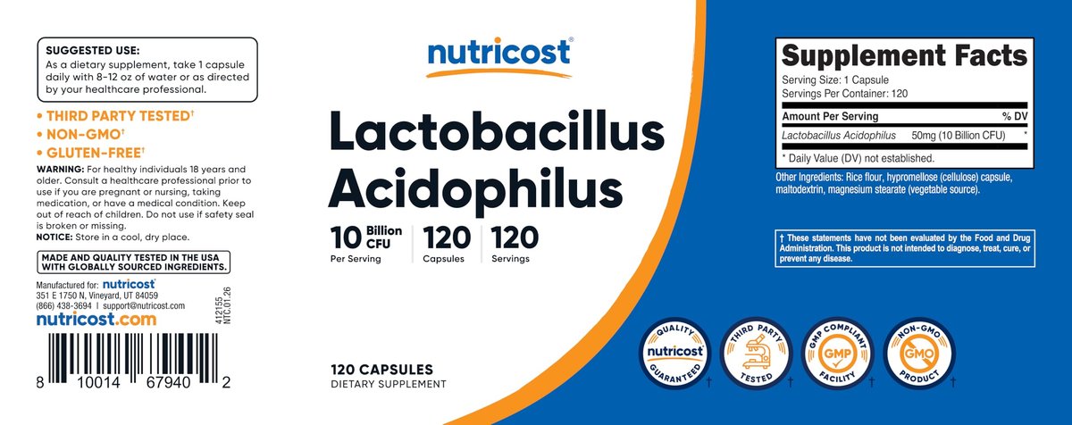 Nutricost Lactobacillus Acidophilus 10 Milliarden KBE, 120 vegane Kapseln – Hochwirksames Probiotikum für die Darmgesundheit