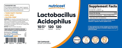 Nutricost Lactobacillus Acidophilus 10 Milliarden KBE, 120 vegane Kapseln – Hochwirksames Probiotikum für die Darmgesundheit