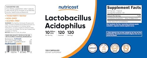 Nutricost Lactobacillus Acidophilus 10 Milliarden KBE, 120 vegane Kapseln – Hochwirksames Probiotikum für die Darmgesundheit