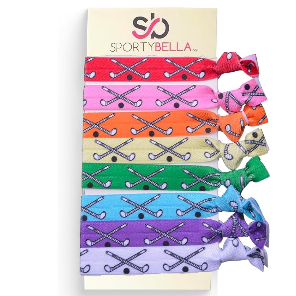 Feldhockey Haargummis, mehrfarbige Haaraccessoires für Mädchen, knitterfreie Haargummis mit Feldhockeyschläger-Design, Zopfgummis für Mädchen (8 Stück) - von SPORTYBELLA