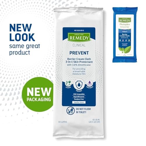 Medline Remedy Clinical 3-in-1 Barrierecreme-Tuch, 8 Stück (1 Packung), 8x8 Zoll Feuchttücher für Erwachsene, Vanilleduft, Inkontinenzpflege, Dimethicon, beruhigend, pflegend, sanft