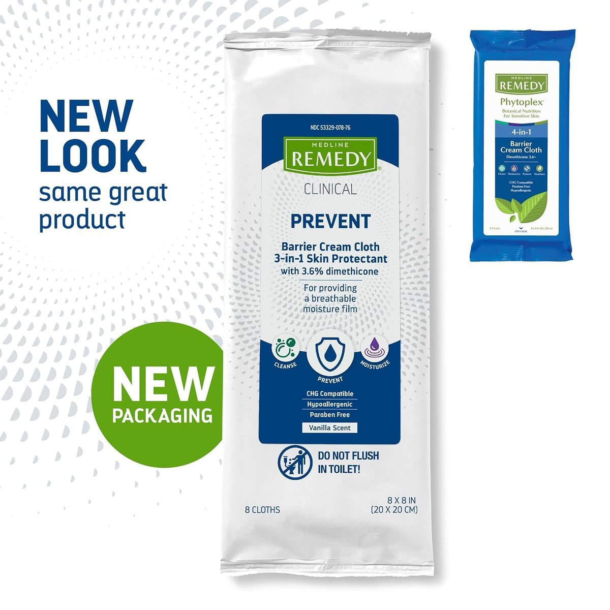 Medline Remedy Clinical 3-in-1 Barrierecreme-Tuch, 8 Stück (1 Packung), 8x8 Zoll Feuchttücher für Erwachsene, Vanilleduft, Inkontinenzpflege, Dimethicon, beruhigend, pflegend, sanft