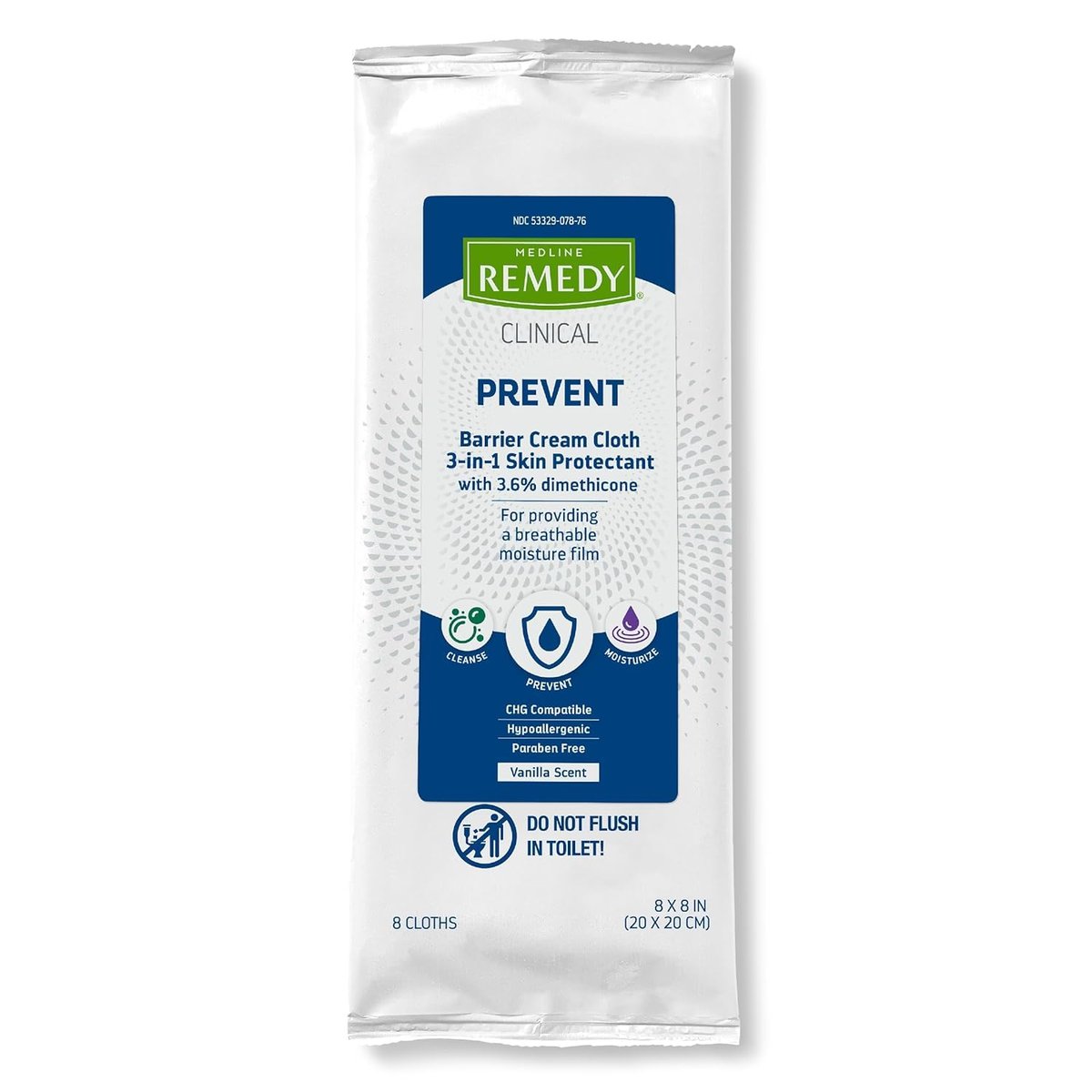 Medline Remedy Clinical 3-in-1 Barrierecreme-Tuch, 8 Stück (1 Packung), 8x8 Zoll Feuchttücher für Erwachsene, Vanilleduft, Inkontinenzpflege, Dimethicon, beruhigend, pflegend, sanft