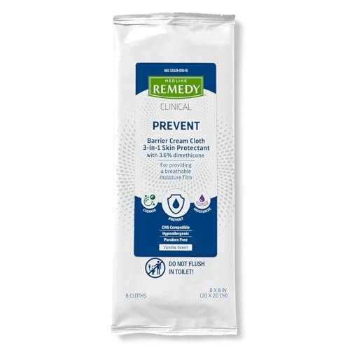 Medline Remedy Clinical 3-in-1 Barrierecreme-Tuch, 8 Stück (1 Packung), 8x8 Zoll Feuchttücher für Erwachsene, Vanilleduft, Inkontinenzpflege, Dimethicon, beruhigend, pflegend, sanft