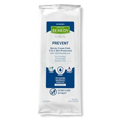 Medline Remedy Clinical 3-in-1 Barrierecreme-Tuch, 8 Stück (1 Packung), 8x8 Zoll Feuchttücher für Erwachsene, Vanilleduft, Inkontinenzpflege, Dimethicon, beruhigend, pflegend, sanft