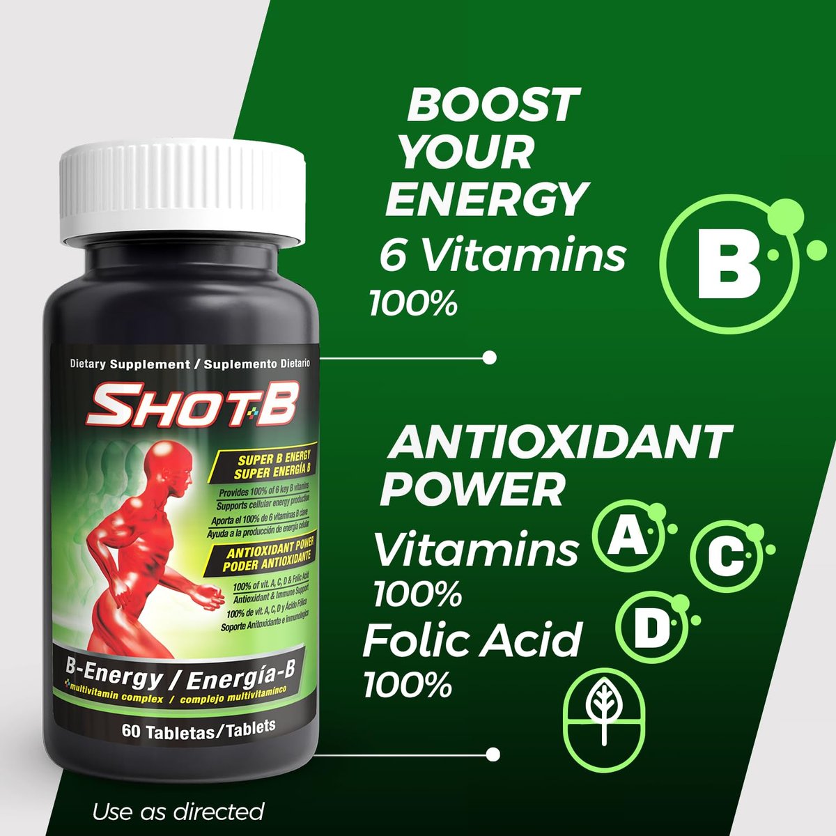 Shot B Multivitamin-Komplex, B-Energy, Vitamin-B-Komplex mit Antioxidantien-Unterstützung, B-Komplex-Vitamine mit A, C, D, E & Folsäure für zelluläre Energie & Immunsystem – 6 wichtige B-Vitamine, 60 Kapseln