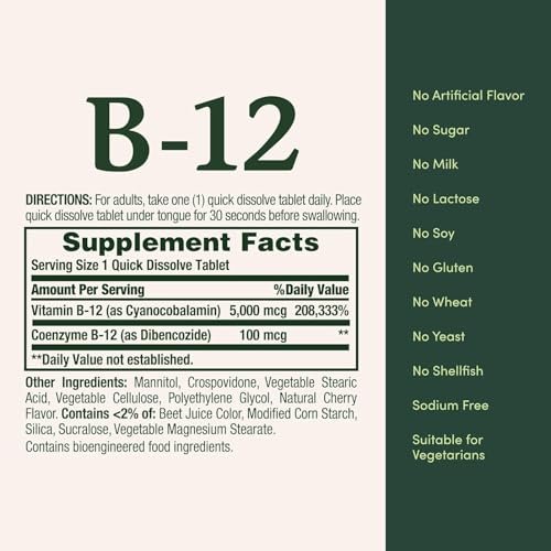 Nature's Bounty Vitamin B-12 5000 mcg – 40 Schnell lösliche Tabletten (3er-Pack)