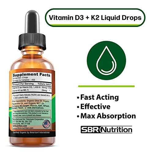 SBR Nutrition MAX Absorption Vitamin D3 + K2 (MK-7) Liquidtropfen mit MCT-Öl, Pfefferminzgeschmack – Unterstützt starke Knochen und ein gesundes Herz