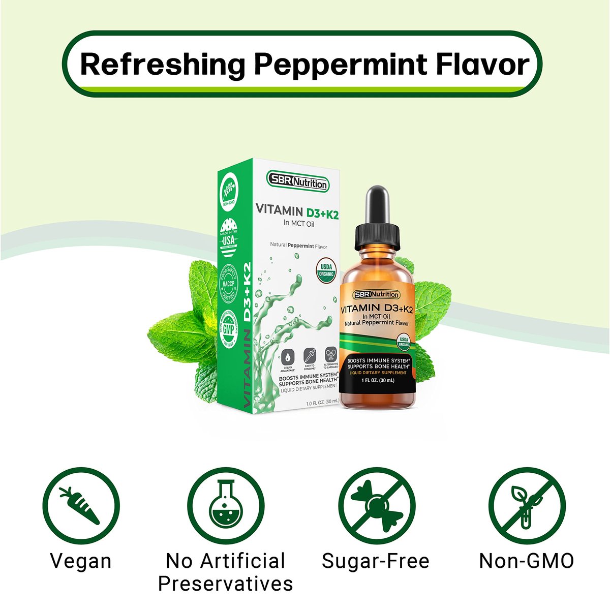 SBR Nutrition MAX Absorption Vitamin D3 + K2 (MK-7) Liquidtropfen mit MCT-Öl, Pfefferminzgeschmack – Unterstützt starke Knochen und ein gesundes Herz