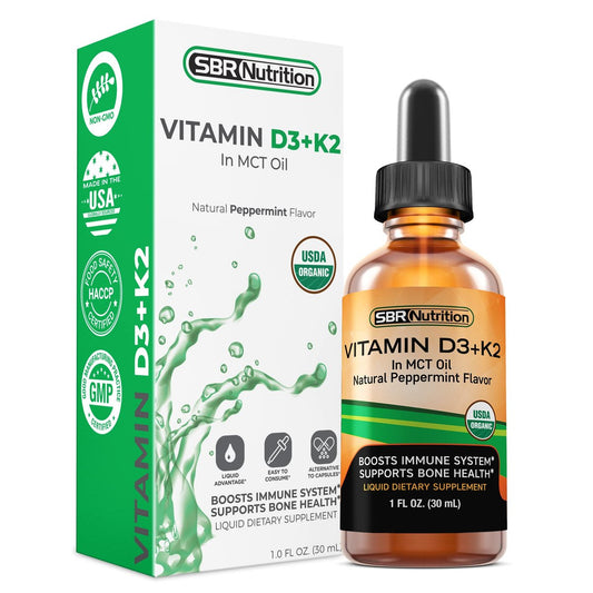 SBR Nutrition MAX Absorption Vitamin D3 + K2 (MK-7) Liquidtropfen mit MCT-Öl, Pfefferminzgeschmack – Unterstützt starke Knochen und ein gesundes Herz