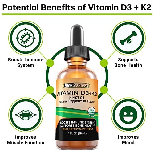 SBR Nutrition MAX Absorption Vitamin D3 + K2 (MK-7) Liquidtropfen mit MCT-Öl, Pfefferminzgeschmack – Unterstützt starke Knochen und ein gesundes Herz